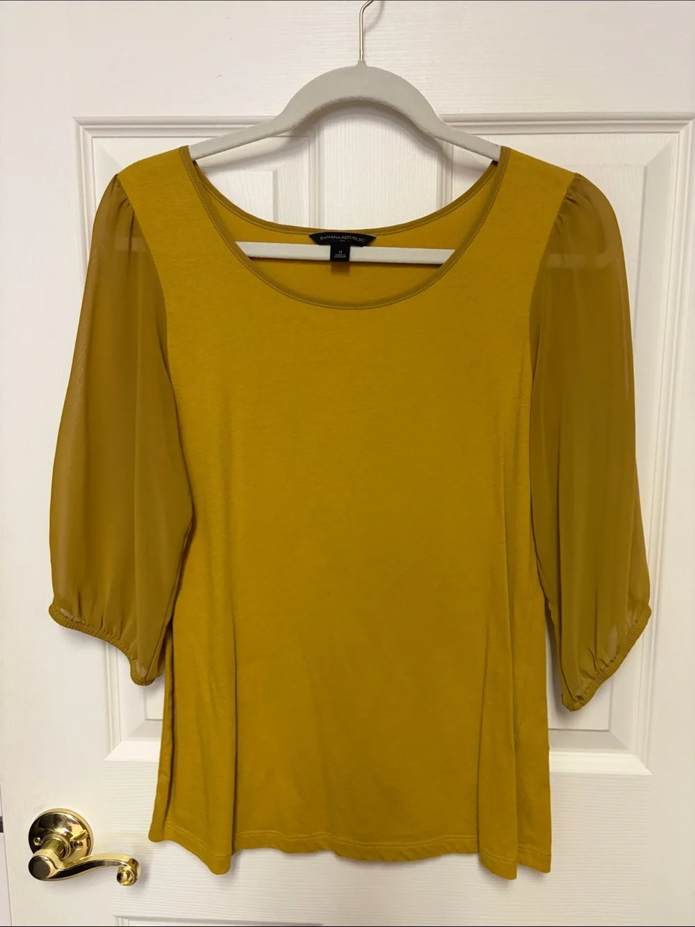 Mustard Scoop-Neck Top with Sheer Elbow Sleeves
